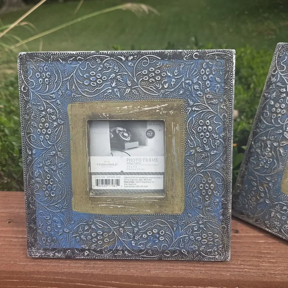 Threshold Set of 2 Distressed Blue Silver Photo Frames 8x8 Western Boho 3x3